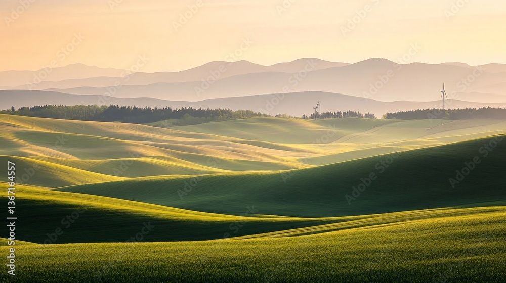 Obraz premium Serene sunrise over rolling green hills and distant mountains with wind turbines.