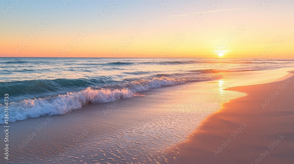 Obraz premium Tranquil beach sunset with gentle waves and warm orange-pink sky