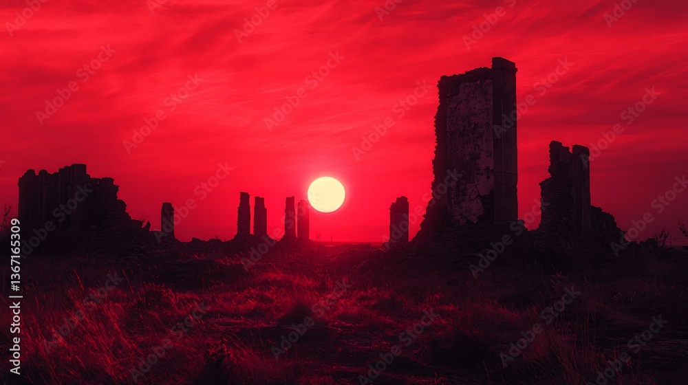 Obraz premium Red sunset over ancient ruins.