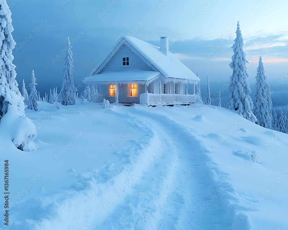 Snowy mountain cabin at dusk. Snowy mountain cabin at dusk.