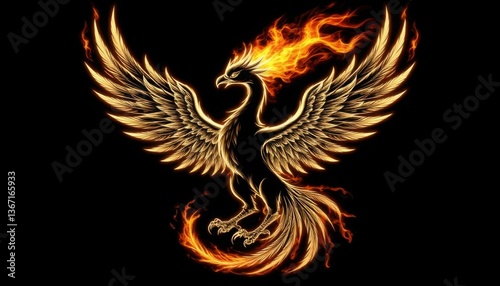 A phoenix silhouette with a fiery aura around its body on a pure black background (artistic).. Generated AI