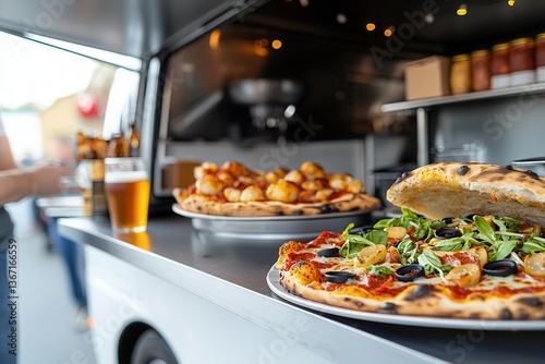 Food truck cuisine gourmet beer Delicious food truck serving gourmet pizza and snacks with drinks.