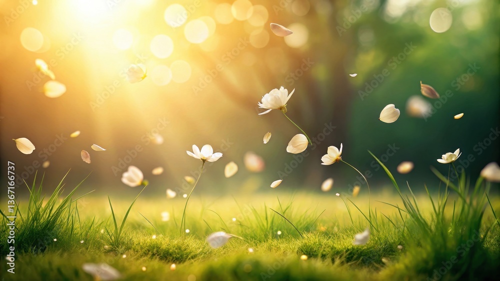 Obraz premium Serene Sunset Meadow Delicate White Blossoms Dancing on Gentle Breeze, Petals Drifting in Golden Light