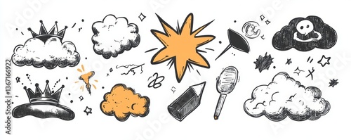 Charcoal pen liner doodle elements, crown, emphasis arrow, speech bubble, scribble. Handdrawn cute cartoon pencil sketches of decorative icons.  illustration of cloud, highlight, explosion