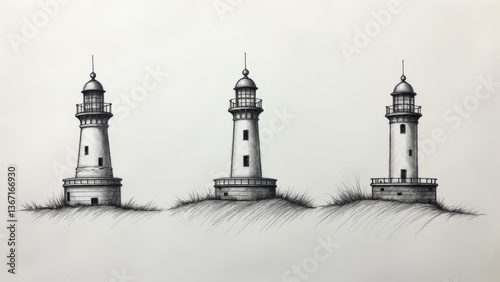 Three Lighthouses on a Grassy Hill