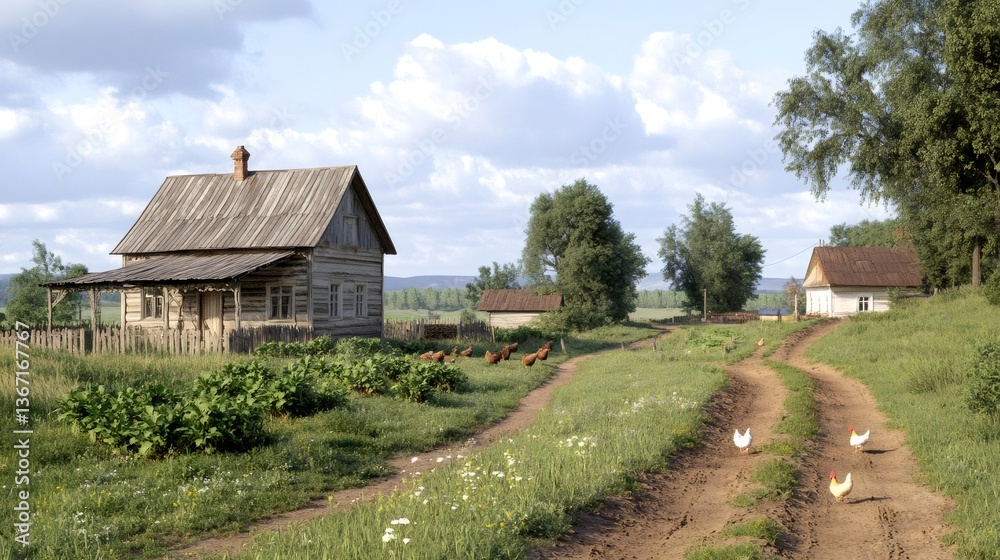 Chickens walking on dirt road in peaceful countryside with wooden houses Chickens walking on dirt road in peaceful countryside with wooden houses