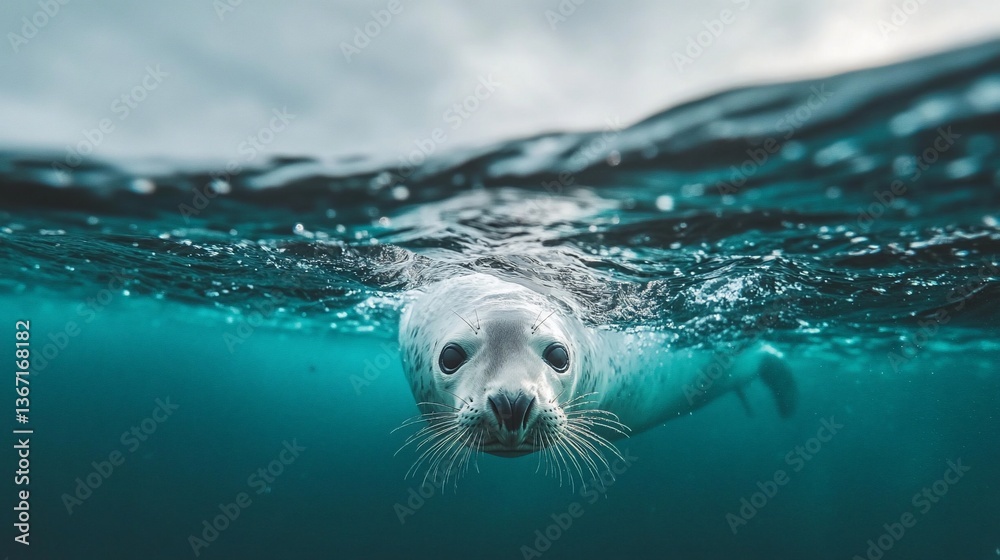 Fototapeta premium Underwater close-up of a curious seal swimming in the ocean.