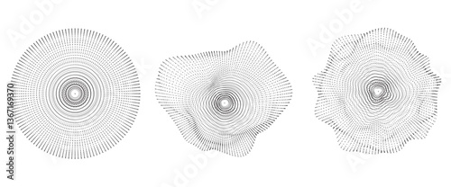 Radial dotted sphere shapes with particle array effect. Geometric circle elements formed with dynamic points and lines. Minimalistic black and white compositions, abstract irregular vector orb.