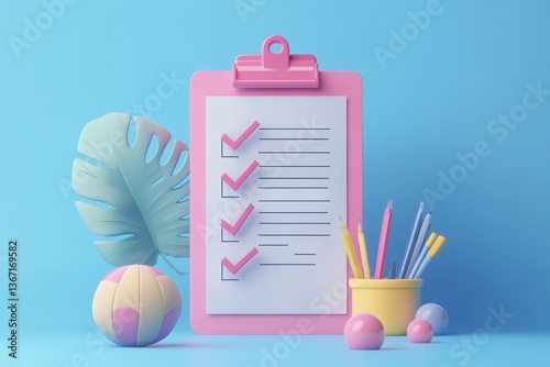Survey checklist, 3d render illustration, white background. Clipboard with checked tasks. Concept of online survey, exam note, business contract, research form, evaluation document
