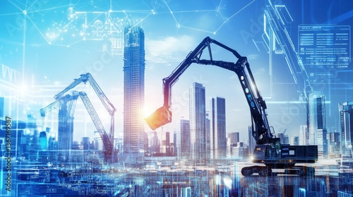 Wallpaper Mural An AI powered autonomous construction vehicle building skyscrapers in a futuristic urban landscape, glowing construction data interfaces, advanced robotic arms Torontodigital.ca