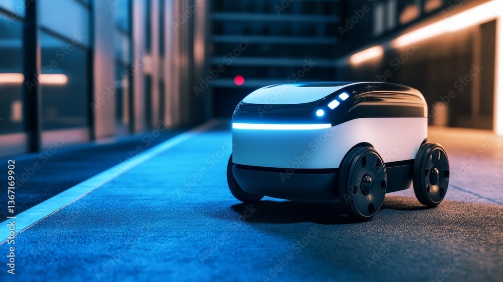 Fototapeta premium An AI powered autonomous delivery robot transporting goods in a futuristic city, interacting with pedestrians and navigating obstacles, glowing navigation interface