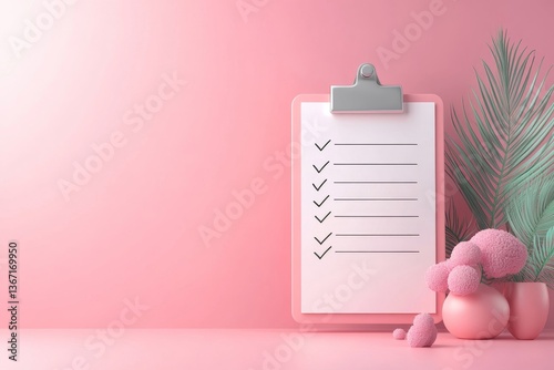 Survey checklist, 3d render illustration, white background. Clipboard with checked tasks. Concept of online survey, exam note, business contract, research form, evaluation document