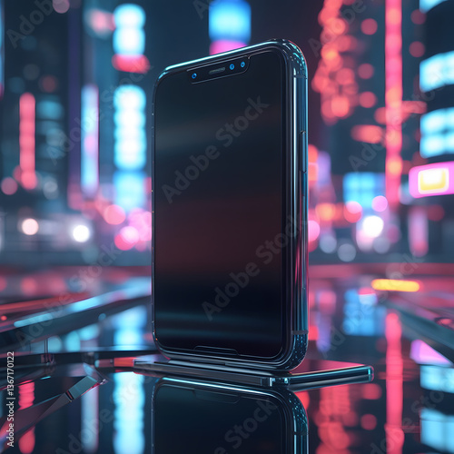 Futuristic Phone on Display: A sleek, black smartphone stands on a modern platform against a backdrop of a neon-lit cityscape, embodying technological innovation and contemporary design. 