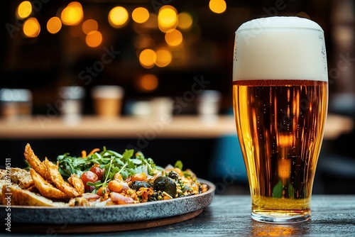 Food truck cuisine gourmet beer Delicious food and beer in a cozy, dimly lit setting.