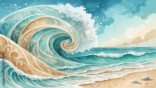Beach Waves Watercolor Background in Turquoise & Sandy Beige – Serene Ocean-Inspired Makeup Backdrop with Copy Space