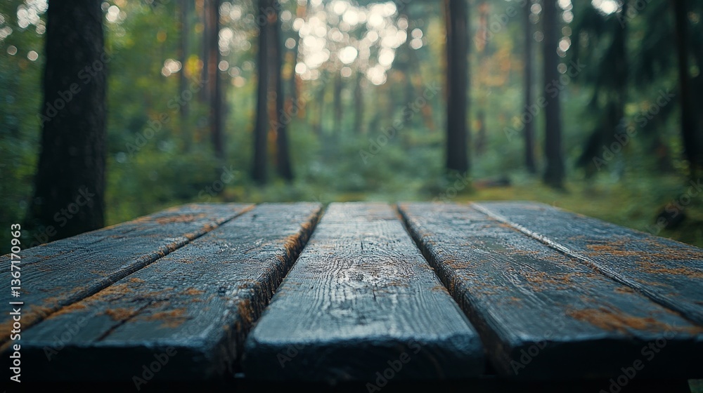 In a green forest, a wooden table stands, surrounded by tall trees blurred background. High quality photo