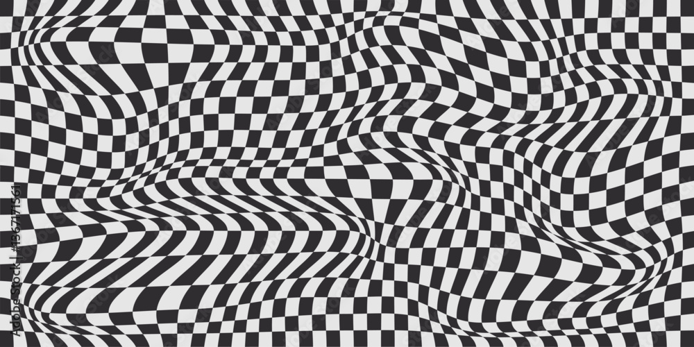 Optical illusion background with distorted checkered pattern - abstract black and white warped checker board, swirling twisted psychedelic wavy effect. Trippy hypnotic art, vector surreal texture.