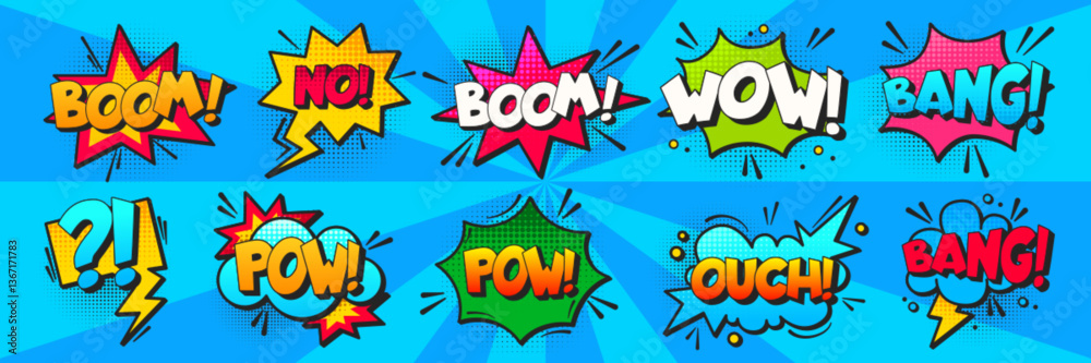 Comic sound effect speech bubbles - pow, wow, boom, bang, no and ouch. Colorful cartoon balloons in pop art style with halftone design. Funny stickers with onomatopoeia expressions collection.