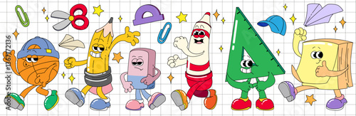 Groovy cartoon school characters - cheerful basketball and pencil, eraser and triangle ruler, marker and note sticker walking and standing. Educational stationery supplies mascots for learning design.