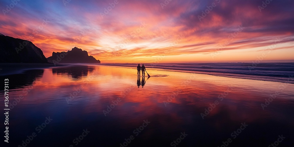 Obraz premium Couple walking on a beach at sunset, reflected in the water.