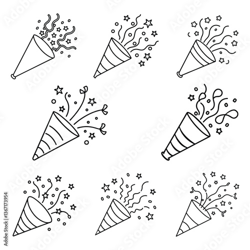 Set of confetti popper set for party line art vector icon illustration on white background.