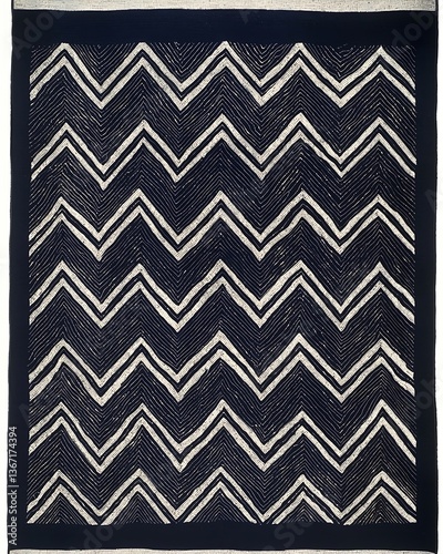 A black and white rug with white stripes