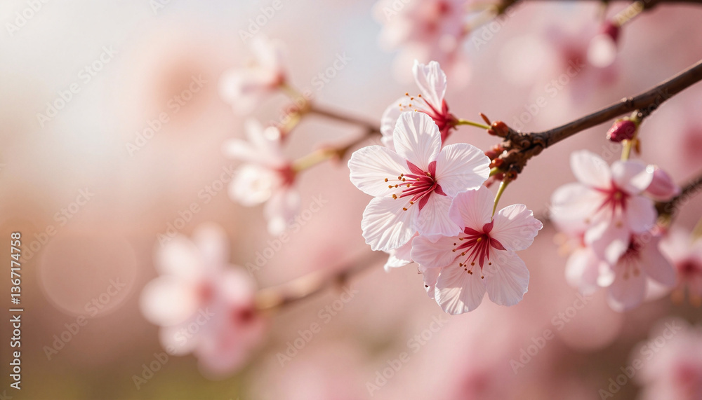 Obraz premium Delicate cherry blossoms swaying in spring garden after rain, renewal