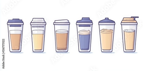 Protein cocktail shaker isolated on white background. Standing and shaking motion process blender cups.  illustration of linear icons with editable