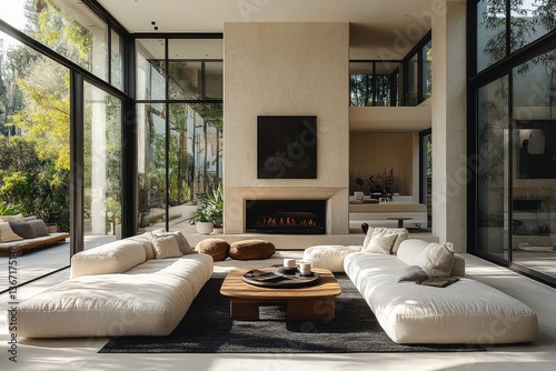 Bright and airy modern living room in Beverly Hills with white walls, large windows, fireplace, ivory couches, coffee table, black wall art, wood accents, and black rug. Natural light and plants outsi photo