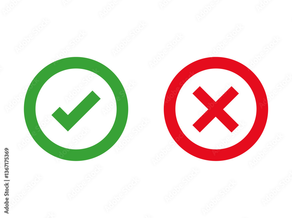 Tick and cross signs, yes and no buttons. Green tick OK and red X cross. YES and NO. False and true, correct and wrong. Approval and rejection signs vector file Tick and cross signs, yes and no buttons. Green tick OK and red X cross. YES and NO. False and true, correct and wrong. Approval and rejection signs vector file