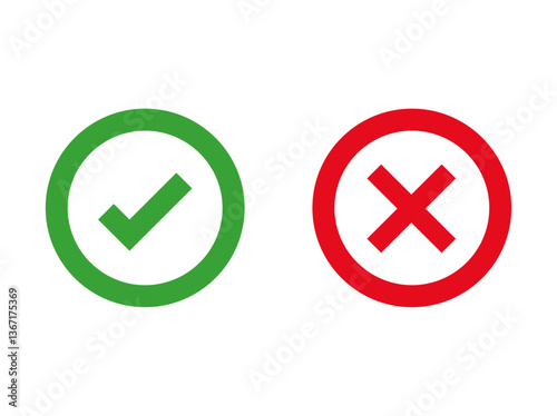 Tick and cross signs, yes and no buttons. Green tick OK and red X cross. YES and NO. False and true, correct and wrong. Approval and rejection signs vector file
