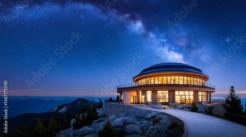 Mountaintop restaurant illuminating night sky under milky way