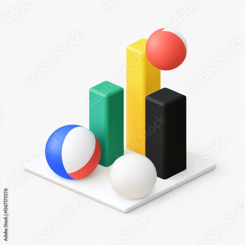 Colorful 3D bar graph with spheres, isometric graphic design