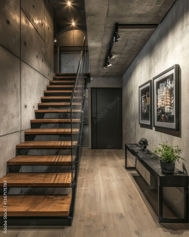 Obraz premium Abandoned old house interior with empty hallway, staircase, and worn walls