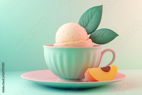 Peach ice cream scoop in pastel green teacup with peach slice on pink saucer.