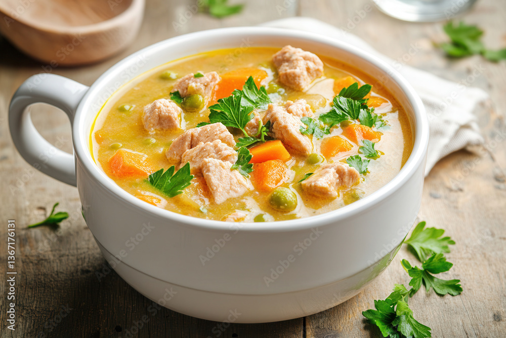 Traditional Canadian pea soup garnished with fresh parsley served in a white bowl for a vibrant presentation Traditional Canadian pea soup garnished with fresh parsley served in a white bowl for a vibrant presentation