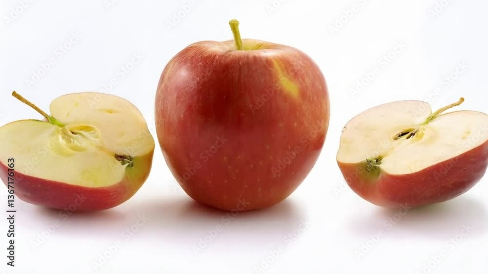  Red Apple with Halves on White Background