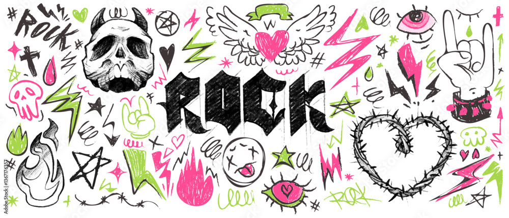 Fototapeta premium Set of punk rock style doodles - skull,heart with wings, flame and lightning bolts, horn gesture sketched by hand. Grunge freehand drawing collection for rebellious music design, underground poster.