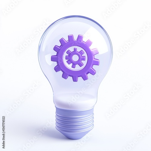 Transparent Lightbulb with Purple Gear; Innovation Concept; White Background
