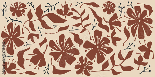 Boho style floral elements - hand drawn organic shapes, leaves, petals cut out silhouettes. Trendy abstract flower illustrations, nature inspired vector design elements set. Brown botanical ornaments