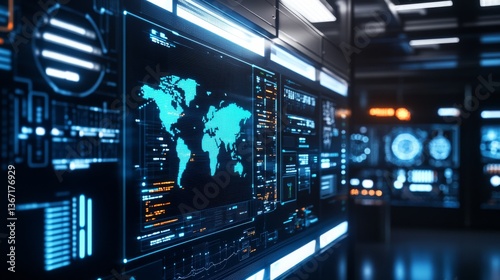 An AI powered cyber defense system monitoring global threats in a high tech security operations center, glowing digital firewall interface, real-time threat analysis dashboard