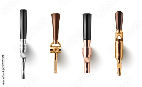 Beer tap handles set - black, wooden, copper metal faucets for draft beers. Steel, wood grain texture pub taps with brass connectors. 3d brewery equipment, bar accessories. Draught dispenser mockup.