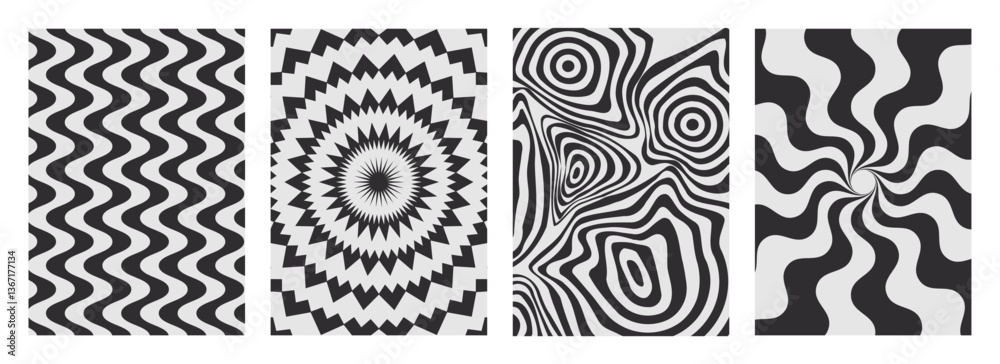 Optical illusion patterns set - abstract black and white designs with wavy lines, concentric circles and psychedelic swirls. Striped geometric ornaments, hypnotic spiral. Op art retro style textures.