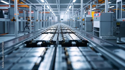 Inside a modern facility, the assembly line efficiently produces batteries for electric vehicles using advanced machinery and automated systems