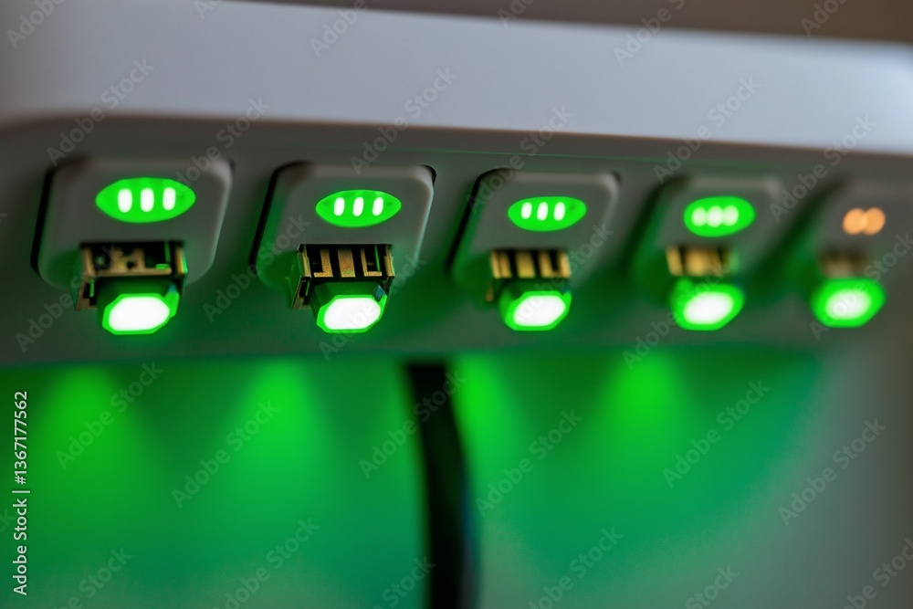 Close-up of a multi-port USB charging station with green indicator lights showing devices are charging. Close-up of a multi-port USB charging station with green indicator lights showing devices are charging.