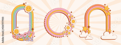 Groovy borders with smiley face, stars, flowers. Psychedelic retro frames in circle, rainbow arch with clouds and rounded rectangle shape. Funky decorative colorful patterned design elements.