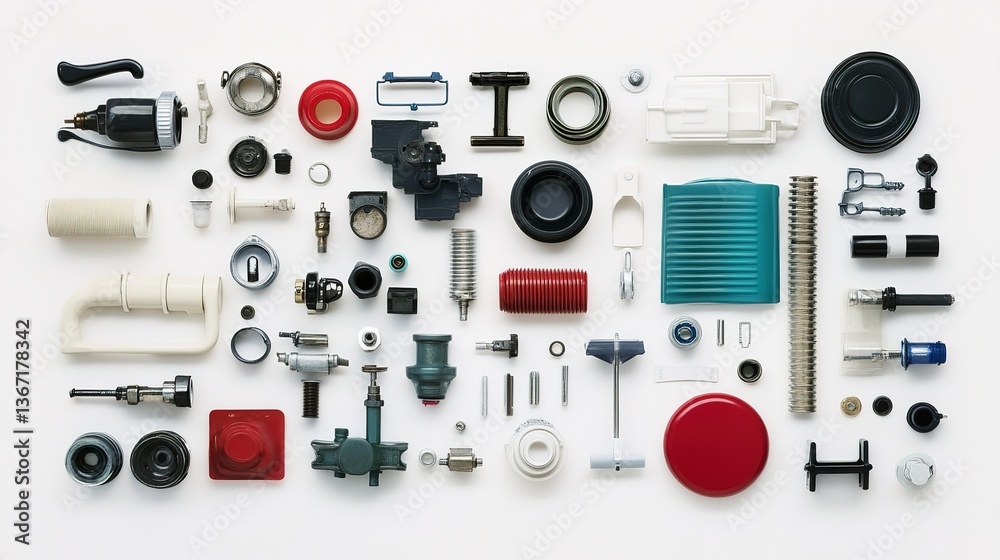 An intricate symphony of machine parts, a colorful and precise arrangement showcasing the beauty of engineering with a clean white backdrop and vibrant color palette. An intricate symphony of machine parts, a colorful and precise arrangement showcasing the beauty of engineering with a clean white backdrop and vibrant color palette.