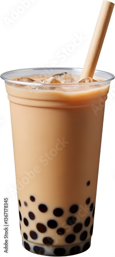Iced Bubble Tea, Tapioca Pearls, Straw, Transparent Background