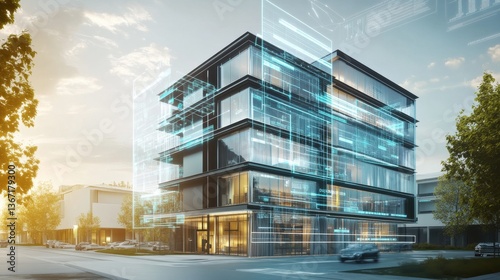 An AI powered digital twin simulation system visualizing real time building performance data for energy optimization, glowing simulation interface, real-time building data analysis