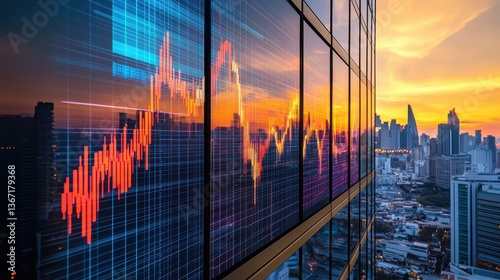 City skyline reflected on glass building with stock market chart overlay. Depicts global finance, investment, or economic trends in urban areas.